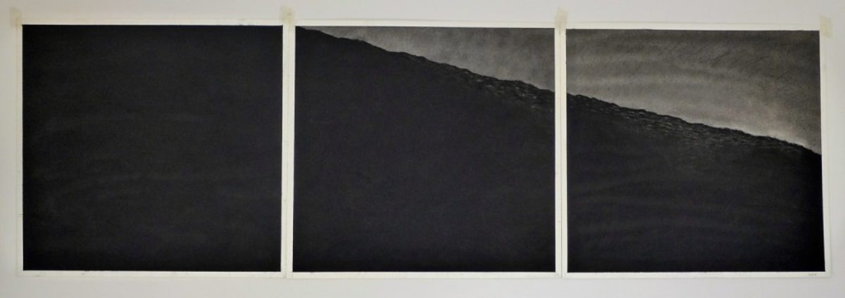Into the deep… (triptych, 2007-08). Charcoal and conté on paper, 50 x 159 cm.